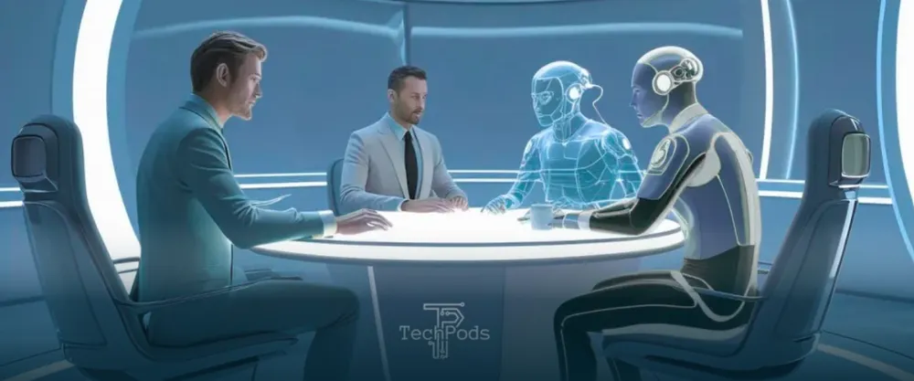 Picture showing a person and robots sitting on a table
